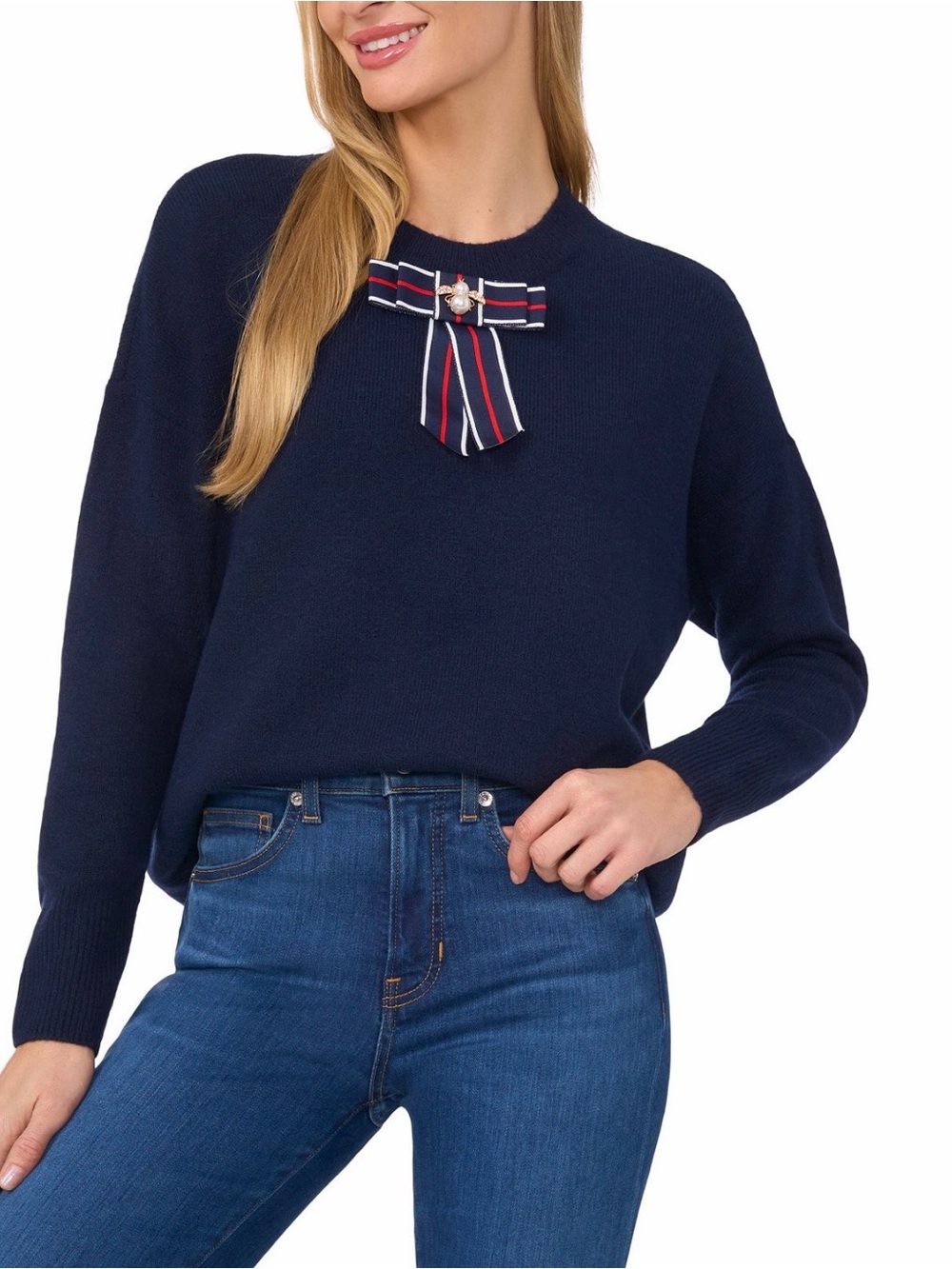 CeCe Navy Bow Sweater Pearl Bee Embellished Knit Top Small